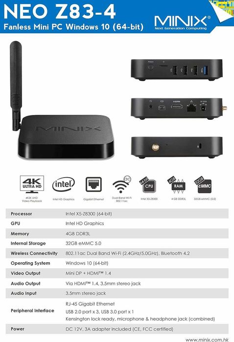 Мултимедиен мини компютър Minix NEO Z83-4 Pro Mini PC – Intel Atom X5-Z8350 / 4GB RAM / 32GB eMMC/ HDMI с Windows 10 Pro