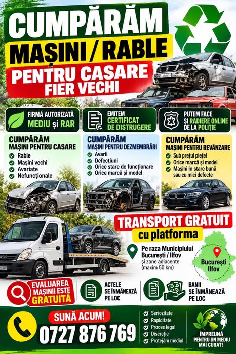 Preluare colectare rable auto fier vechi rabla certificat distrugere