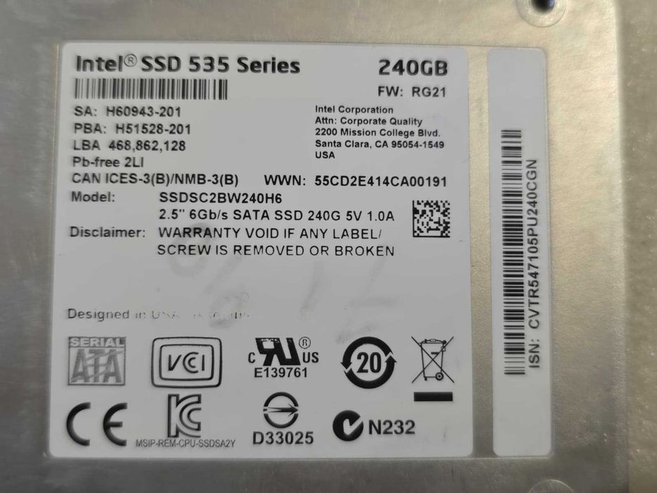 Solid State Drive (SSD) Intel 535 Series 240GB SATA III 2.5" (SSDSC2BW240H6)