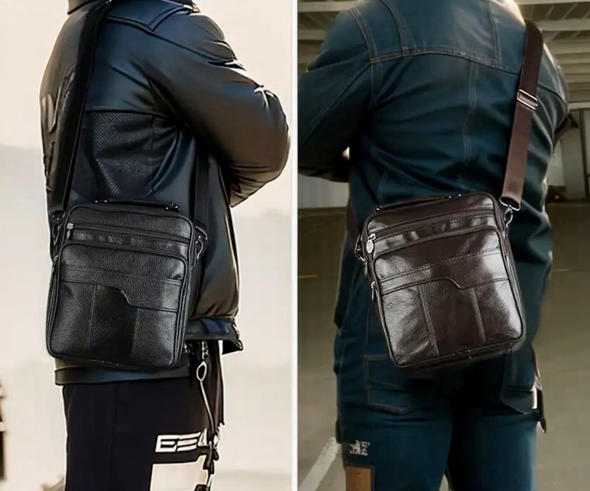 Мъжка месинджър кожена чанта/Черна и Кафява естест. кожа -10%Промоция!