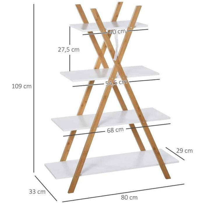Рафт за баня Kleankin, 4 нива, Бамбук, Натурален + Бял, 80 x 33 x 109 см
