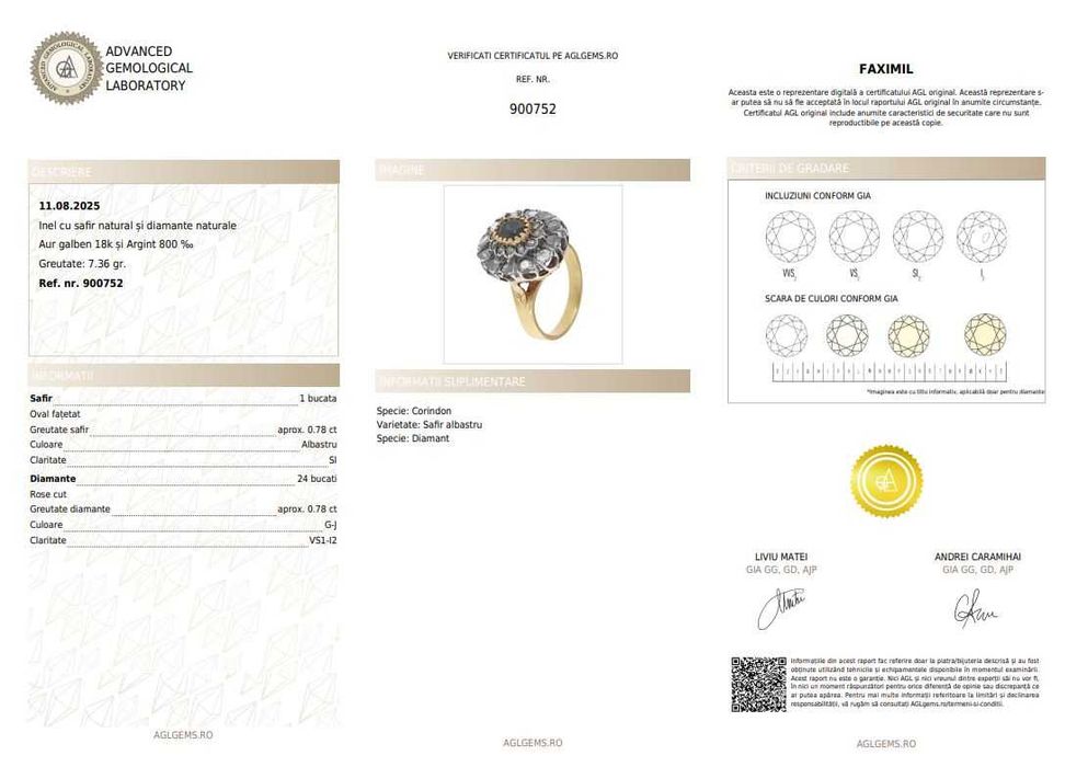 Inel din aur și argint, decorat cu safir și diamante, sf. sec. XIX