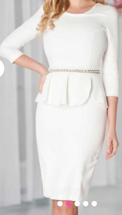 Rochie alba eleganta de ocazie din stofa cu cordon Marimea 38 (M)