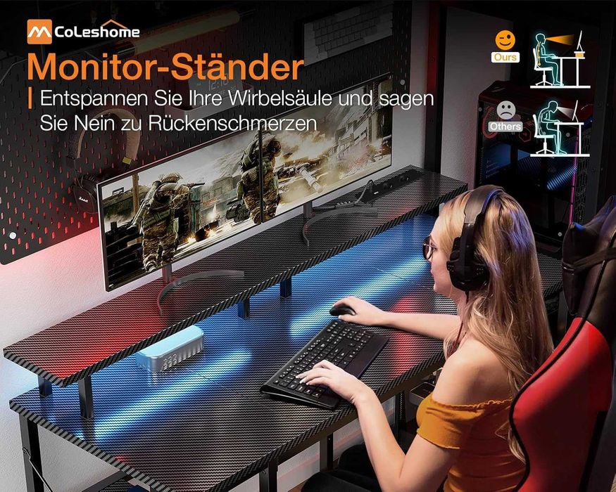 Birou Gaming Coleshome 120x50 cm, LED, prize + USB, suport monitor, Negru