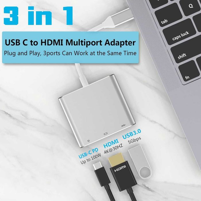 НОВ! USB-C към HDMI адаптер 3-в-1 – 4K, PD 100W, USB 3.0