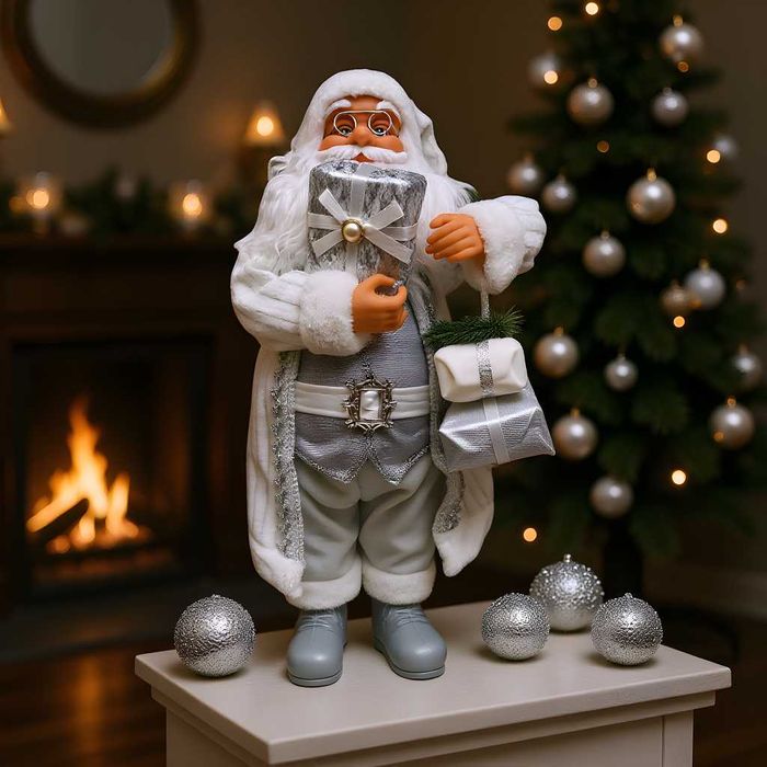 Коледна декоративна фигура Дядо Коледа в сребристи орнаменти