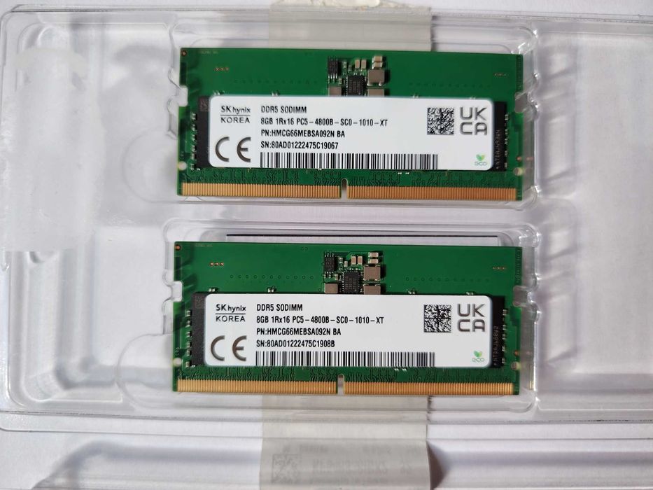 RAM DDR5 SO-DIMM pentru laptop 16GB total, 2×8GB  Frecvență: 4800MHz / PC5-4800B – 1Rx16 –HMCG66MEBSA092N BA – SK hynix – dual-channel