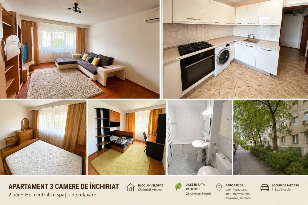 De închiriat Apartament 3 camere 2 bai -spațios, complet utilat, zonă verde, bloc anvelopat