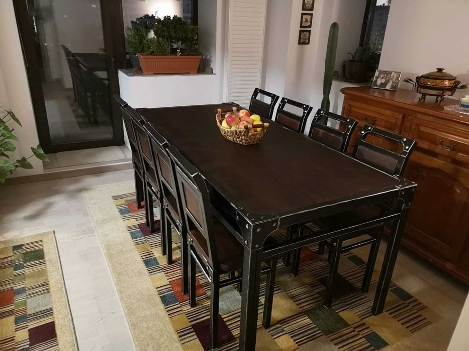 Masa 4/6/8 persoane, otel si lemn natural de nuc stil industrial