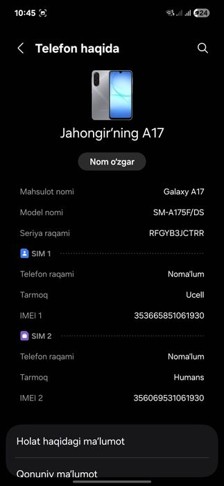 Samsung A17 5G yangi, garantiya