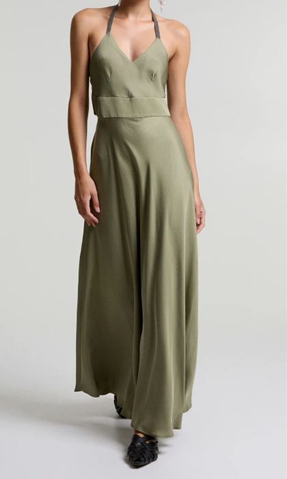 Официална дълга сатенена рокля, зелен цвят/каки