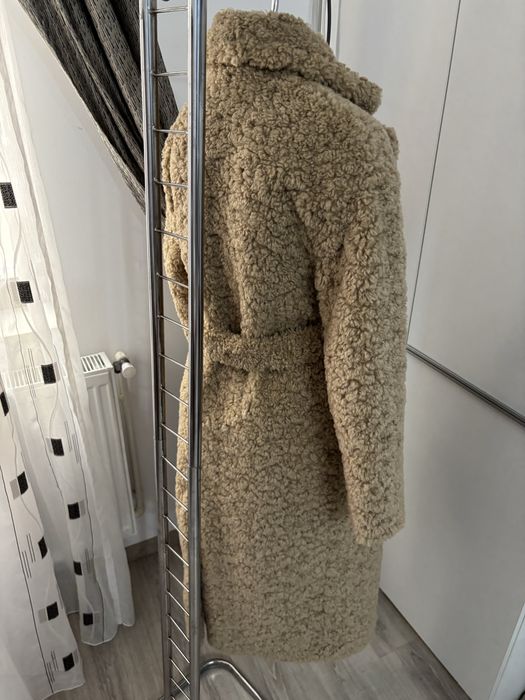 ZARA palton lung Teddy / faux shearling cu cordon – NOU cu etichetă – S