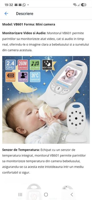 Camera video Wireless, Monitor video digital pentru bebelusi, cu ecran digital, Vedere nocturna in camera, Audio bidirectional, 8 Cantece de leagan