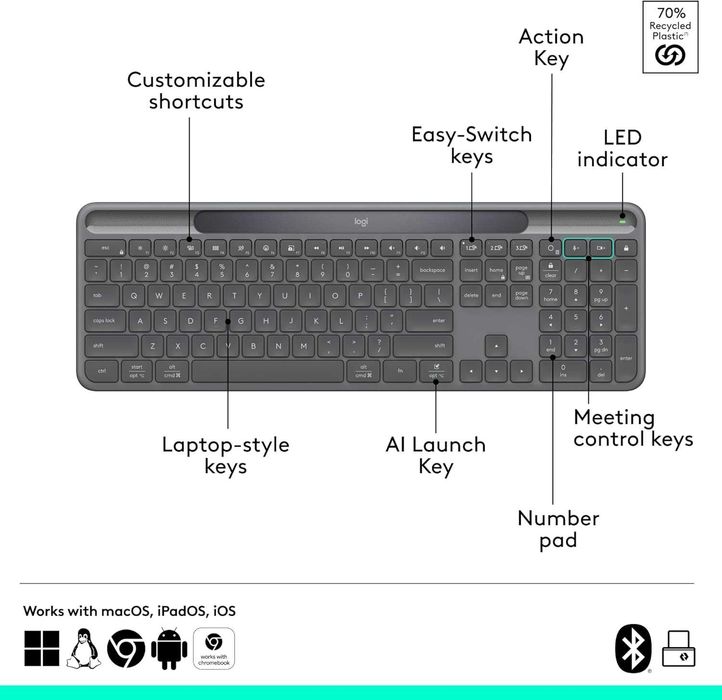 Соларна клавиатура Logitech K980 Bluetooth Logi Bolt