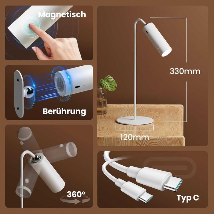 Дизайнерска лампа на топ цена! Акумулаторна LED настолна лампа Pixx 6-in-1 Desk Lamp, 7W, USB-C, бяла