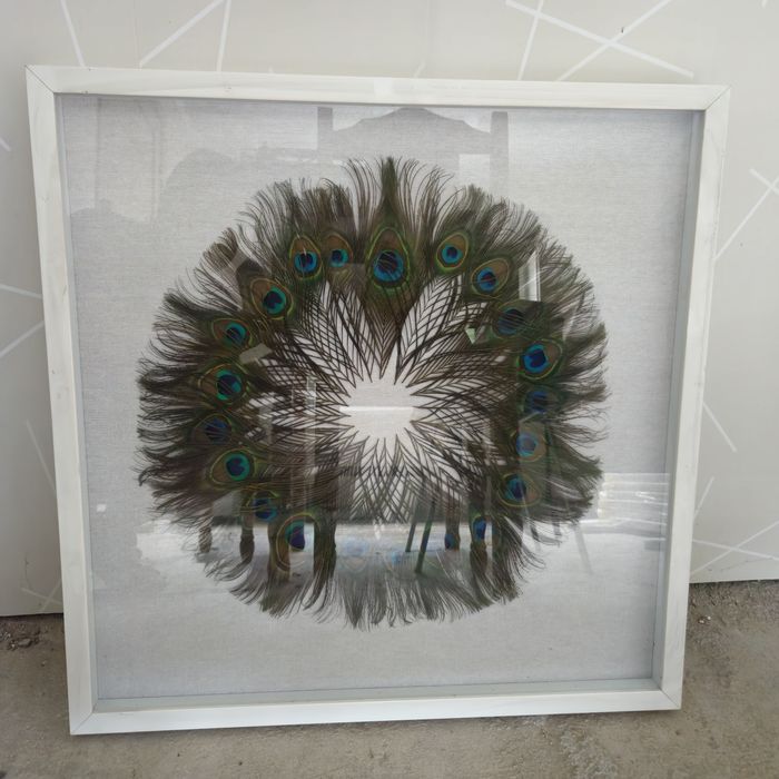 Tablou mare ornat cu pene de păun