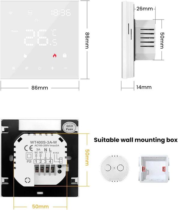 Termostat Miucda inteligent Smart Wifi wireless WT400S-16A-W încălzire pardoseală apă/boiler gaz,digital de cameră WLAN,programabil,Alexa, Google Home