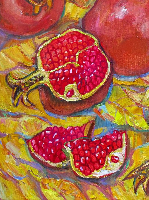 Картина "Гранаты в желтых листьях" 100х60см. Холст масло.