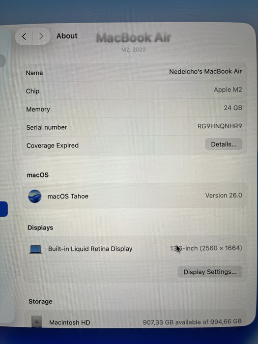 MacBook Air 13” M2; 24GB RAM; 1TB SSD; 100% Battery Health