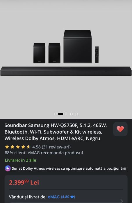 Samsung soundbar cu doua boxe 5.1.2, calitate impecabila achizitionate acum 6 luni inca in garantie
