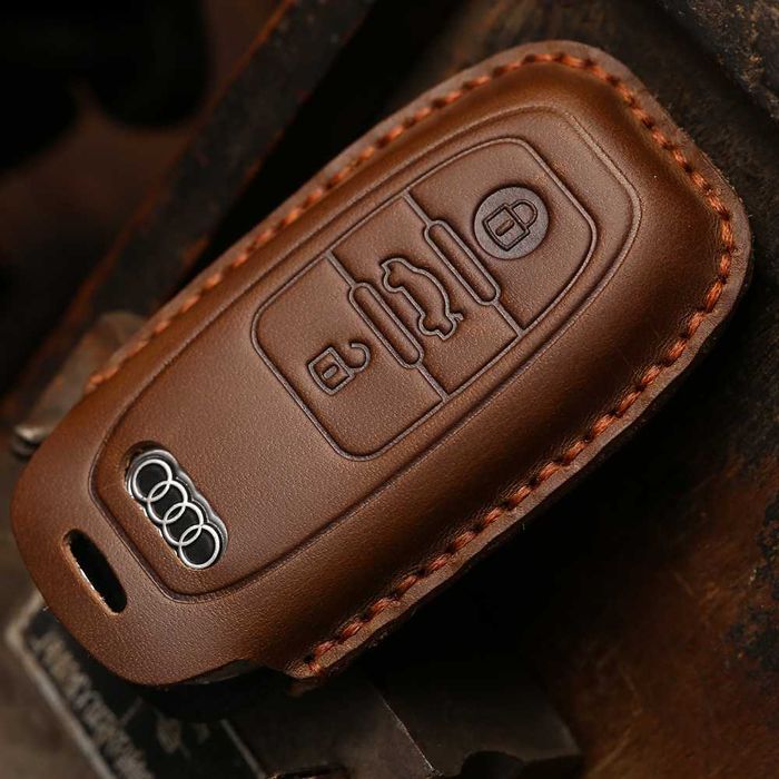 Husa cheie 3 butoane Audi A4 B8 A6 C7, piele naturala, albastru/maro