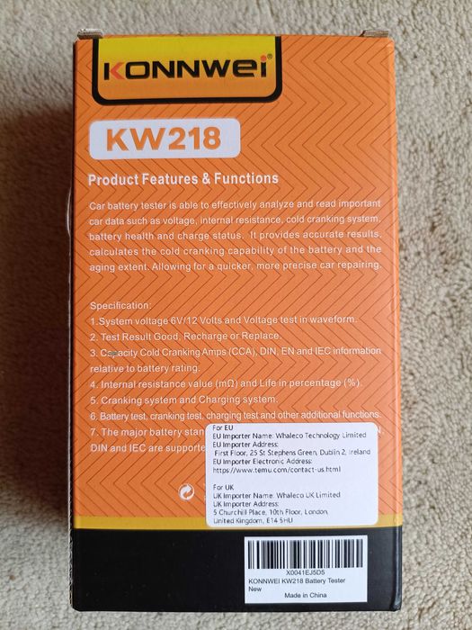 Tester Baterie Auto KONNWEI KW218 - 6/12V, 100-2000CCA, 2-220Ah - NOU