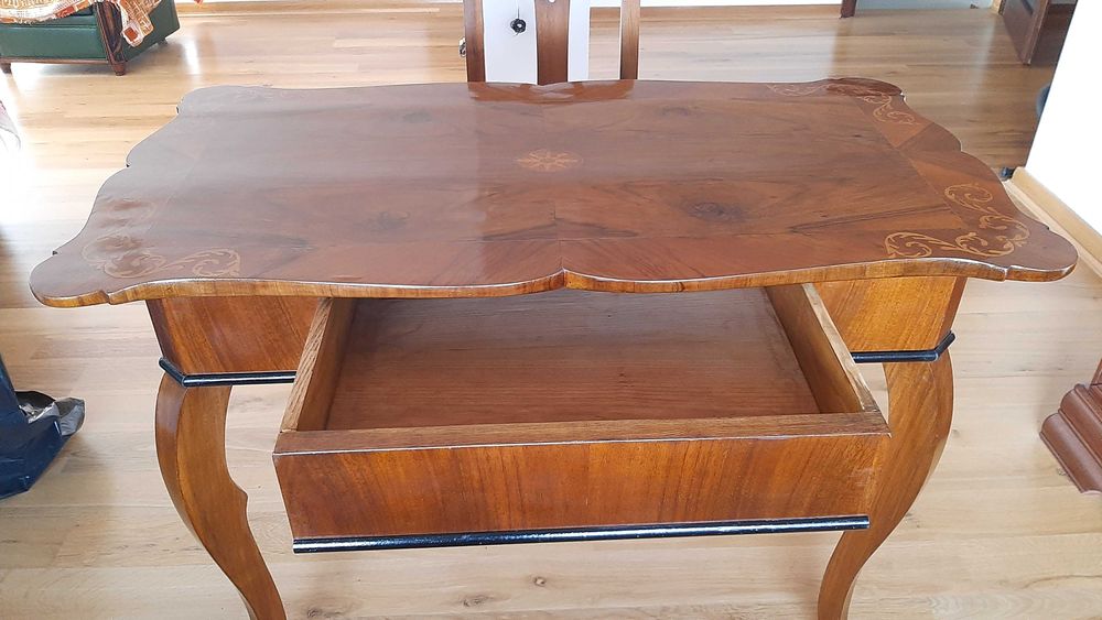 Set masa+6 scaune Biedermeier, radacina de nuc, reconditionat, an 1900