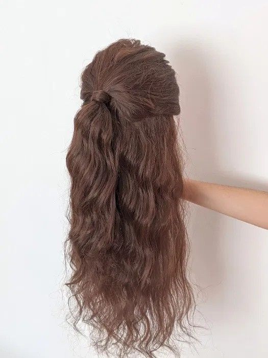 Фризьорска тренировъчна глава с ЕСТЕСТВЕНА коса 60см +стойка +аксесоар