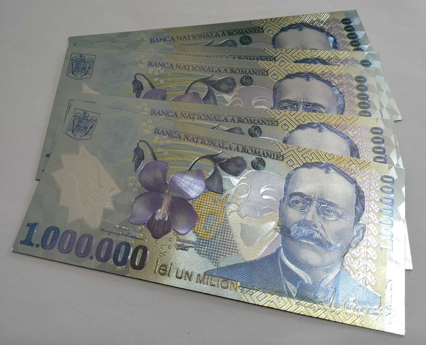 1000000 Lei 2003 – Lot 5 bucăți – Ion Luca Caragiale – Silver Edition – bancnote ornamentale / suveniruri / educaționale placate cu argint 999‰