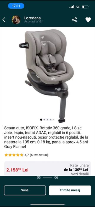 Joie Scaun auto rotativ I-Spin 360° E, Gray Flannel, Joie