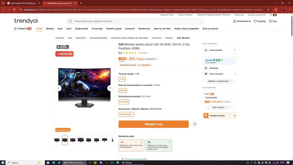 Dell Monitor pentru jocuri LED VA QHD, 165 Hz, 2 ms, FreeSync HDMI,