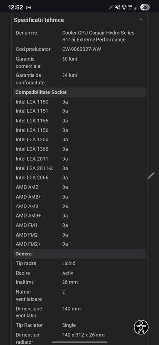 Cooler procesor Corsair Hydro Series H115i Extreme Performance CW-9060