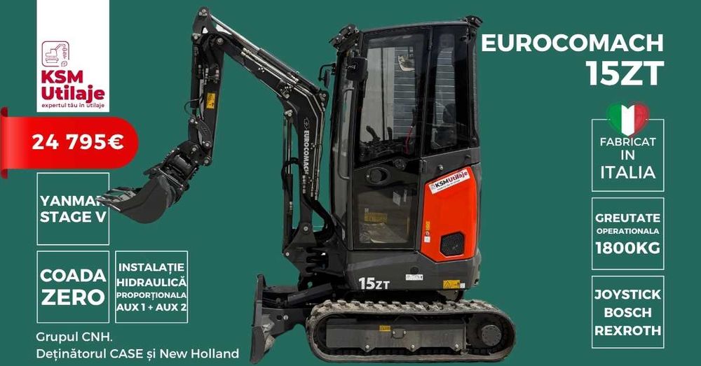Mini Excavator Eurocomach 15ZT (1.8t) | Coadă Zero, Ecartament Variabil, Hidraulică Bosch Rexroth | Utilaj Nou, Leasing B2B KSM Utilaje