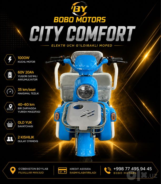 Elektr uch g'ildirakli moped- Bobo Motors