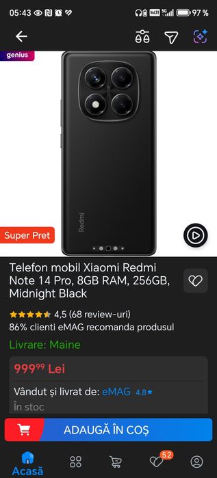 Telefon mobil Xiaomi Redmi Note 14 Pro, 8GB RAM, 256GB, Midnight Blac