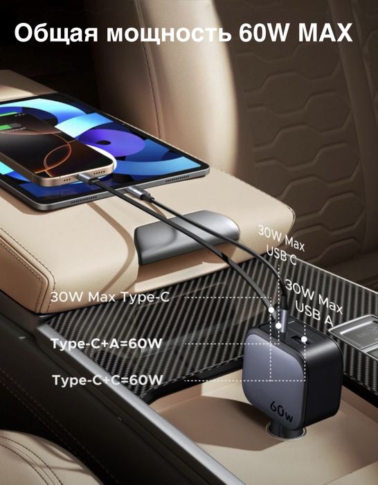 Мгновенная зарядка в авто Ugreen 60W 3 порта, USB-C встроенный.