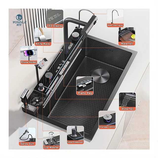 85см Модерна мултифункционална кухненска мивка с двовен водопад 20 в 1