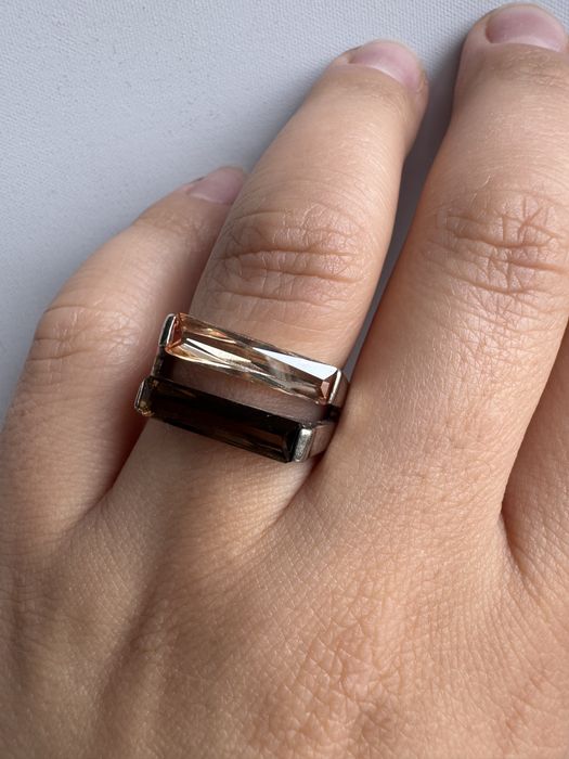 Inel din argint, cuart fumuriu si citrin