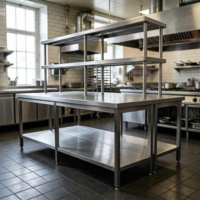 Стол островной из нержавейки с полками надстройками в Яшнабаде