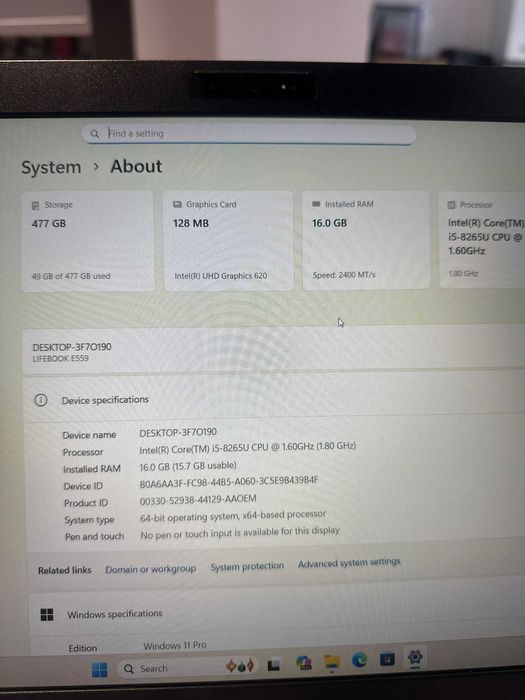 Fujitsu Lifebook E559-i5-8265U-16gb Ram-512Gb Ssd