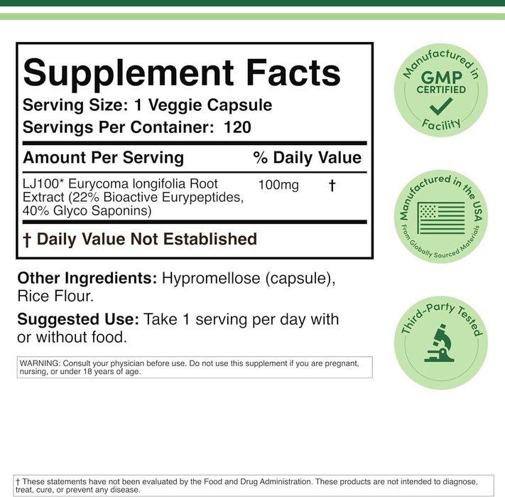 Тонгкат Али LJ100 Double Wood для тестостерона и энергии, 120 капсул