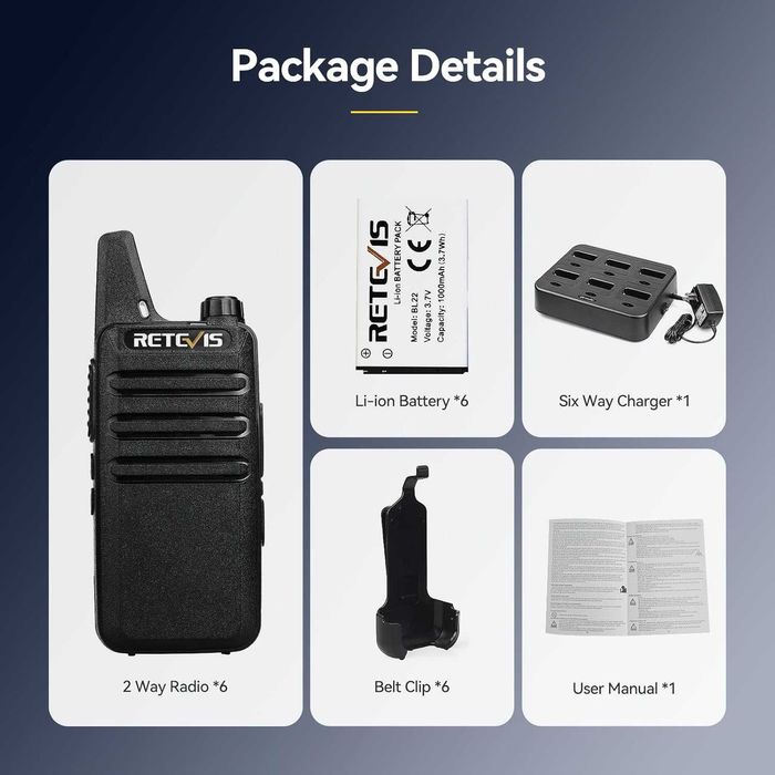 3 чифта  уоки-токи с 6-посочно зарядно устройство Retevis RT622
