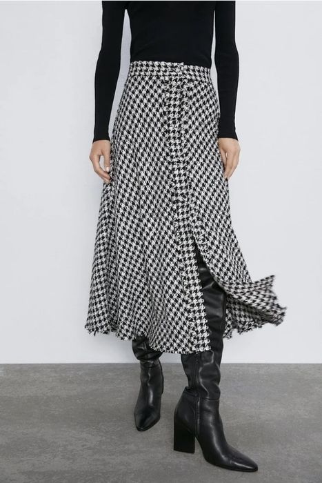 Дълга пола Zara с десен houndstooth tweed