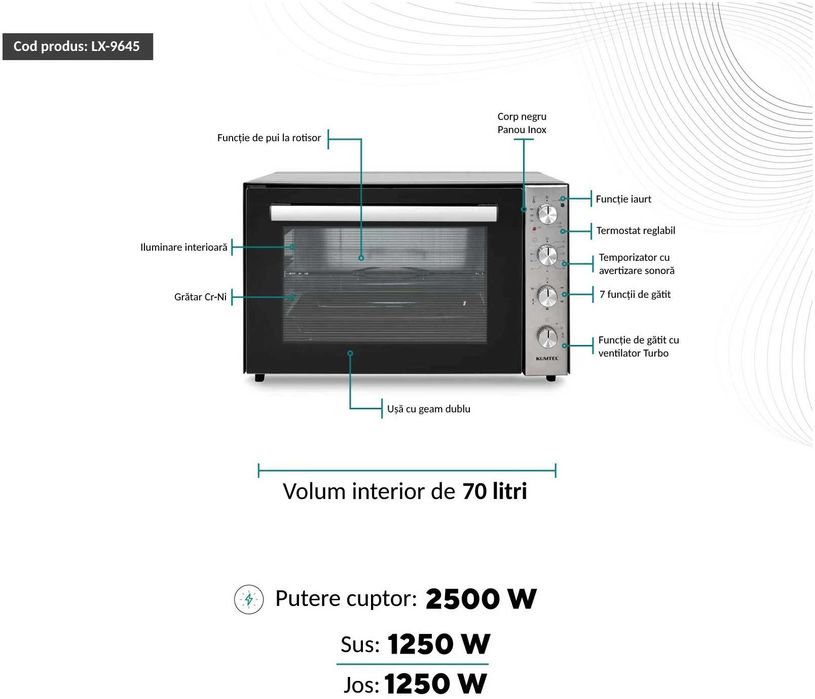 Cuptor electric Kumtel LX-9645FA Pizza & Rotisor XXL, 70 litri, 2500 W