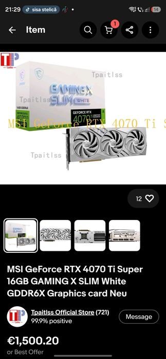 MSI GeForce RTX 4070 Ti Super 16GB GAMING X SLIM Albă GDDR6X