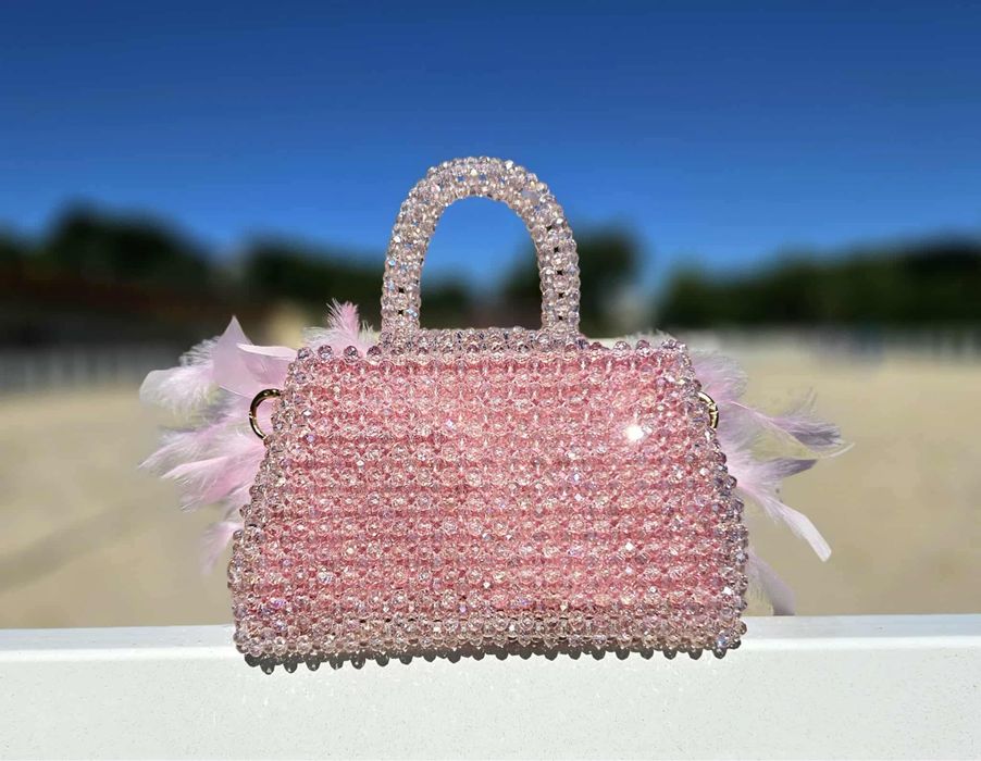 Gentuta din cristale si pene Naturale / Roz