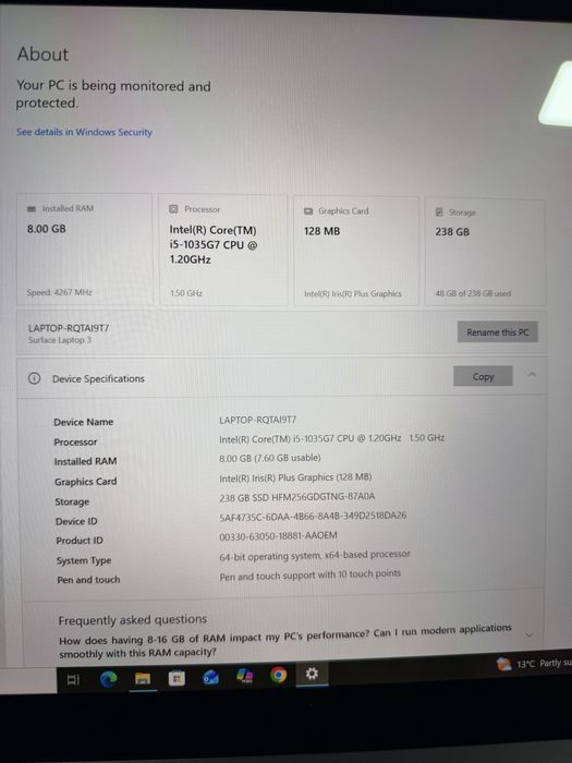 Vand microsoft surface laptop 3 i5 1035g7 8gb ssd 256gb Touchscreen