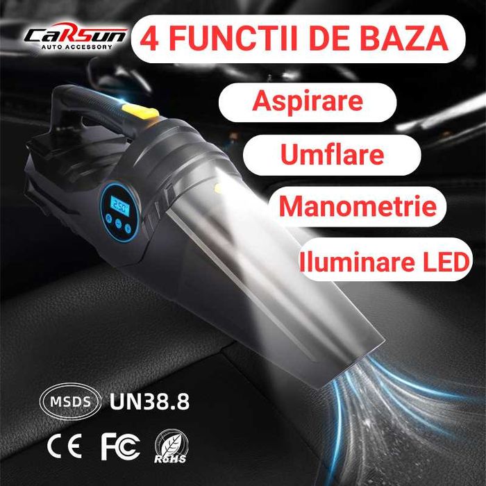 Aspirator Auto, 4 in 1, Compresor Anvelope,Manometru,Lanterna,110W,12V