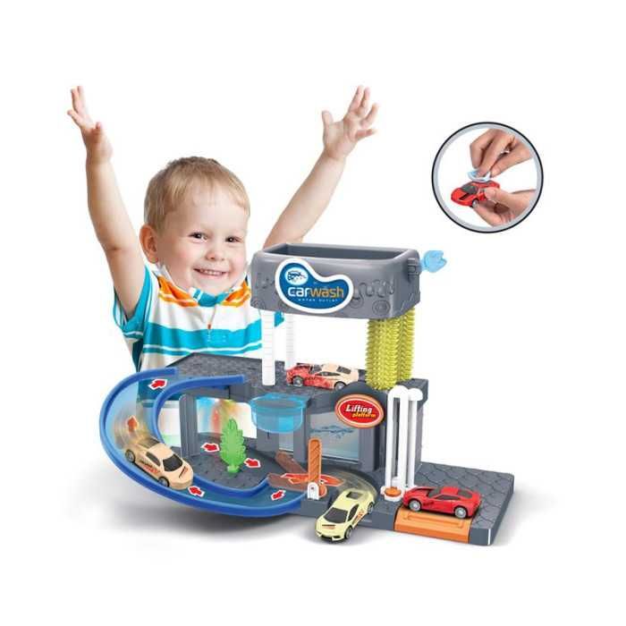 Паркинг автомивка с течаща вода и коли, с ефекти