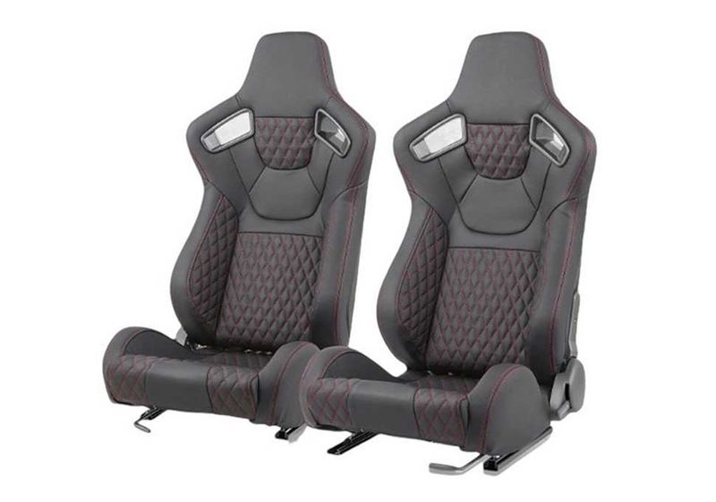 Спортни седалки за автомобил, кожа, черни/с червен шев